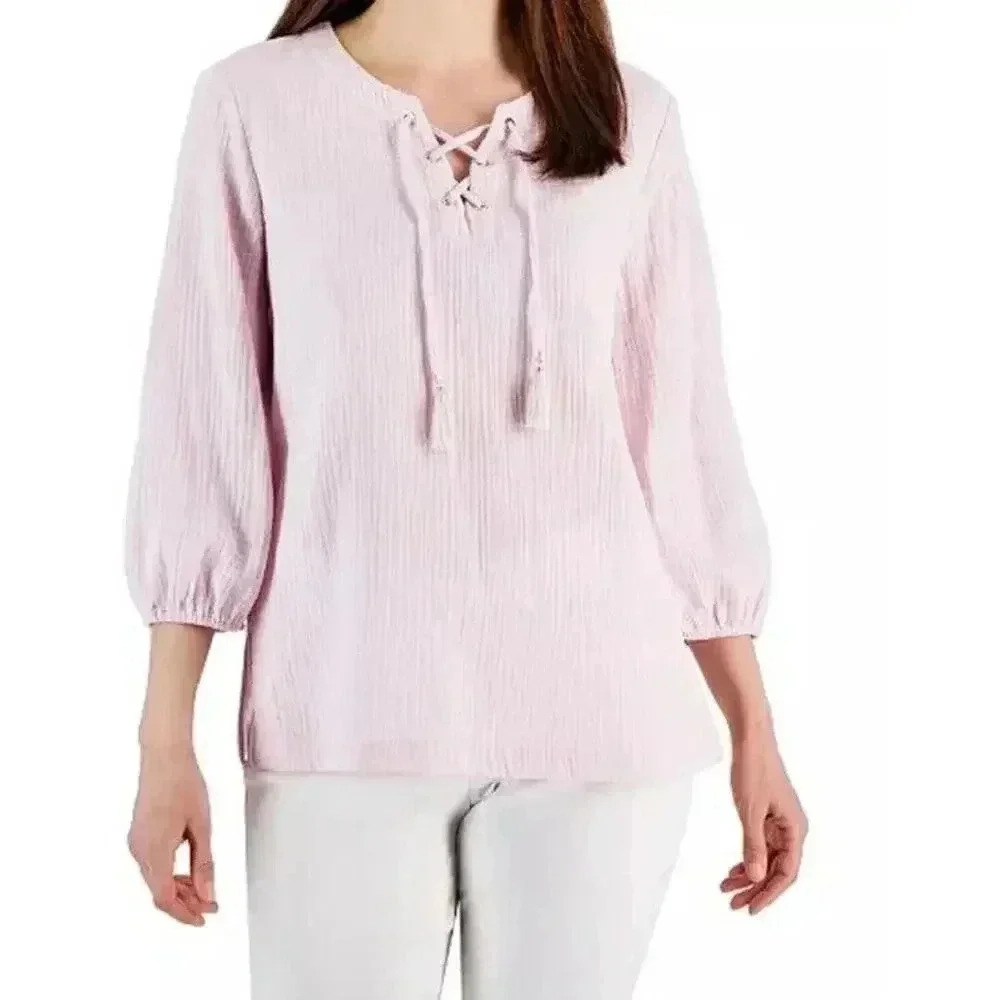 JM Collection Women Cotton Gauze Tasseled Lace-up Long Sleeves Lilac‎ Blouse 2XL